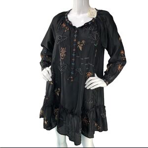 Johnny Was Black Long Sleeve Dress with Inspirational Embroidered Design